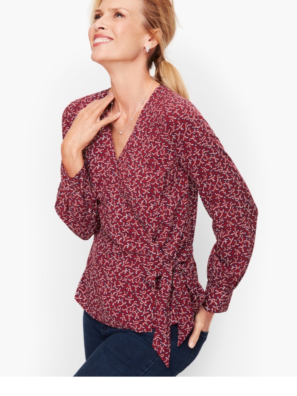 Talbots Women's Wrap Blouse in Burgundy Ditsy Floral Print XL